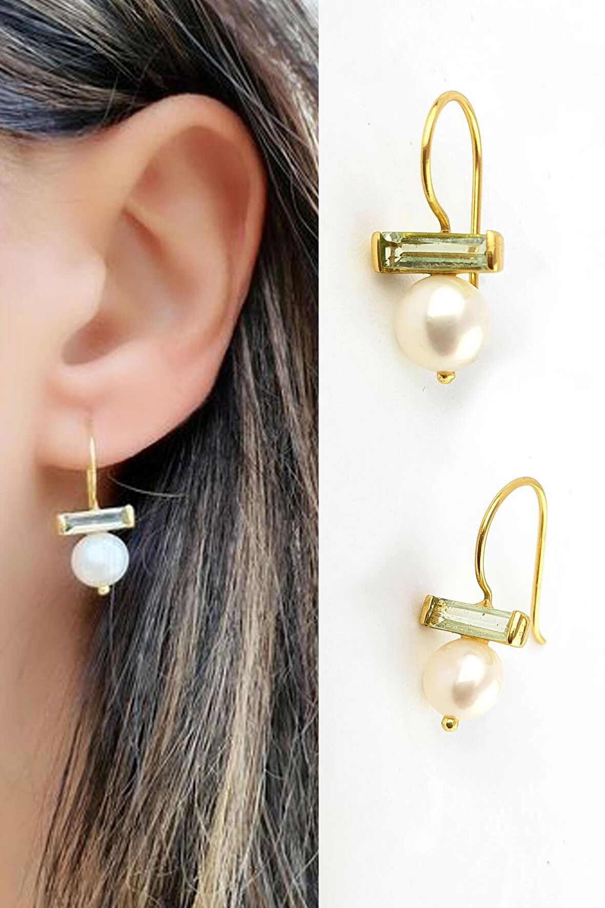 Barok İncili ve topax Taşlı 925ayar Gümüş Üzerine Altın Kaplama Tasarım Doğal Taş Küpe 