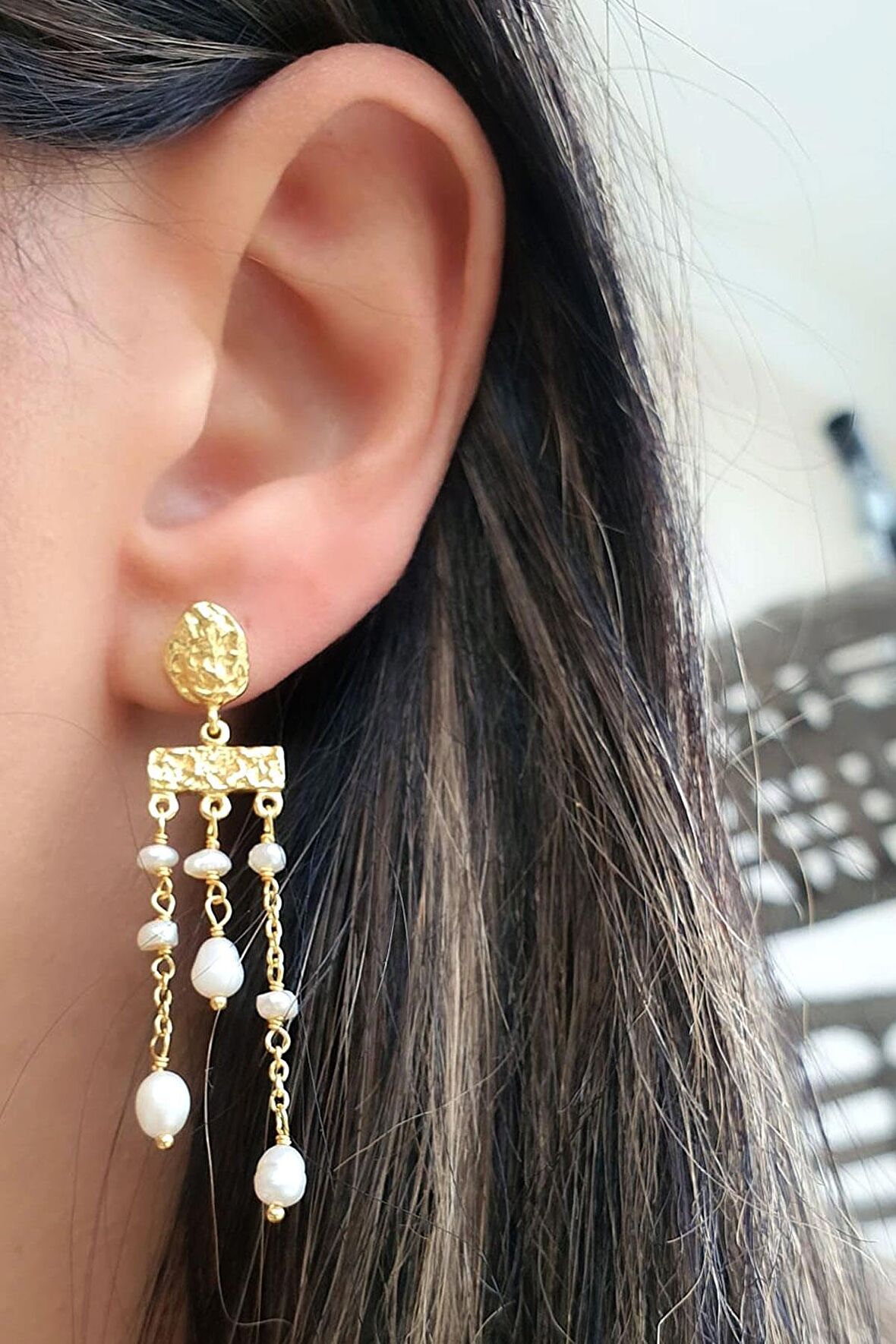 Barok İncili 925ayar Gümüş Üzerine Altın Kaplama Tasarım Doğal Taş Küpe