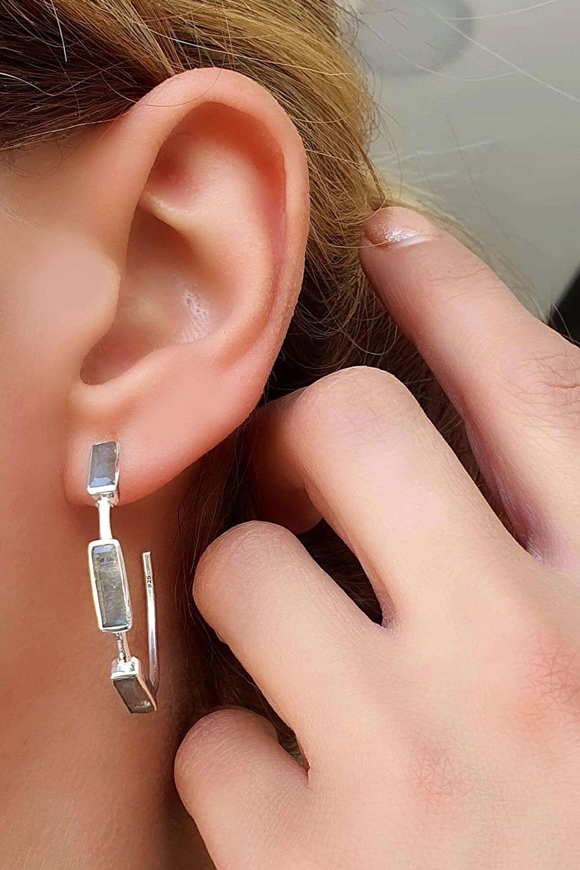 Labrodorite Taşlı 925ayar Gümüş Tasarım Doğal Taş Halka Küpe