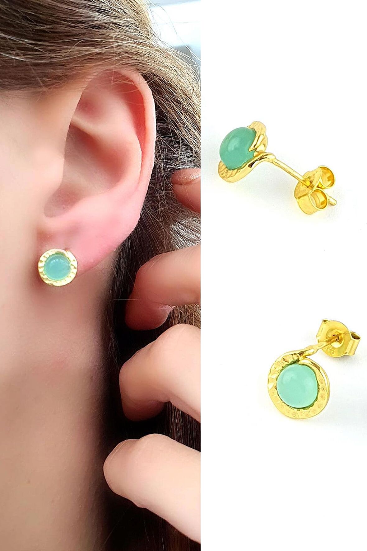 Kalsedon  Taşlı 925ayar Gümüş Üzerine Altın Kaplama Tasarım Doğal Taş Küpe