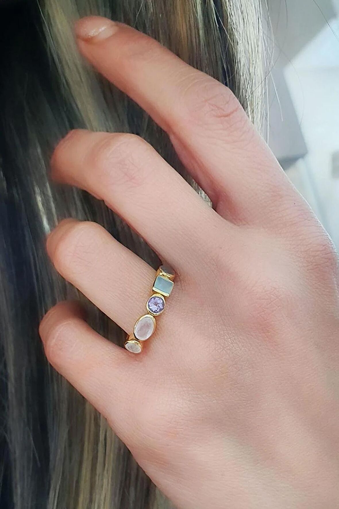 Labrodorite  kalsedon ametist ay taşı aquamarin taşlı 925ayar gümüş üzerine altın kaplama tasarım Doğal Taş yüzük 