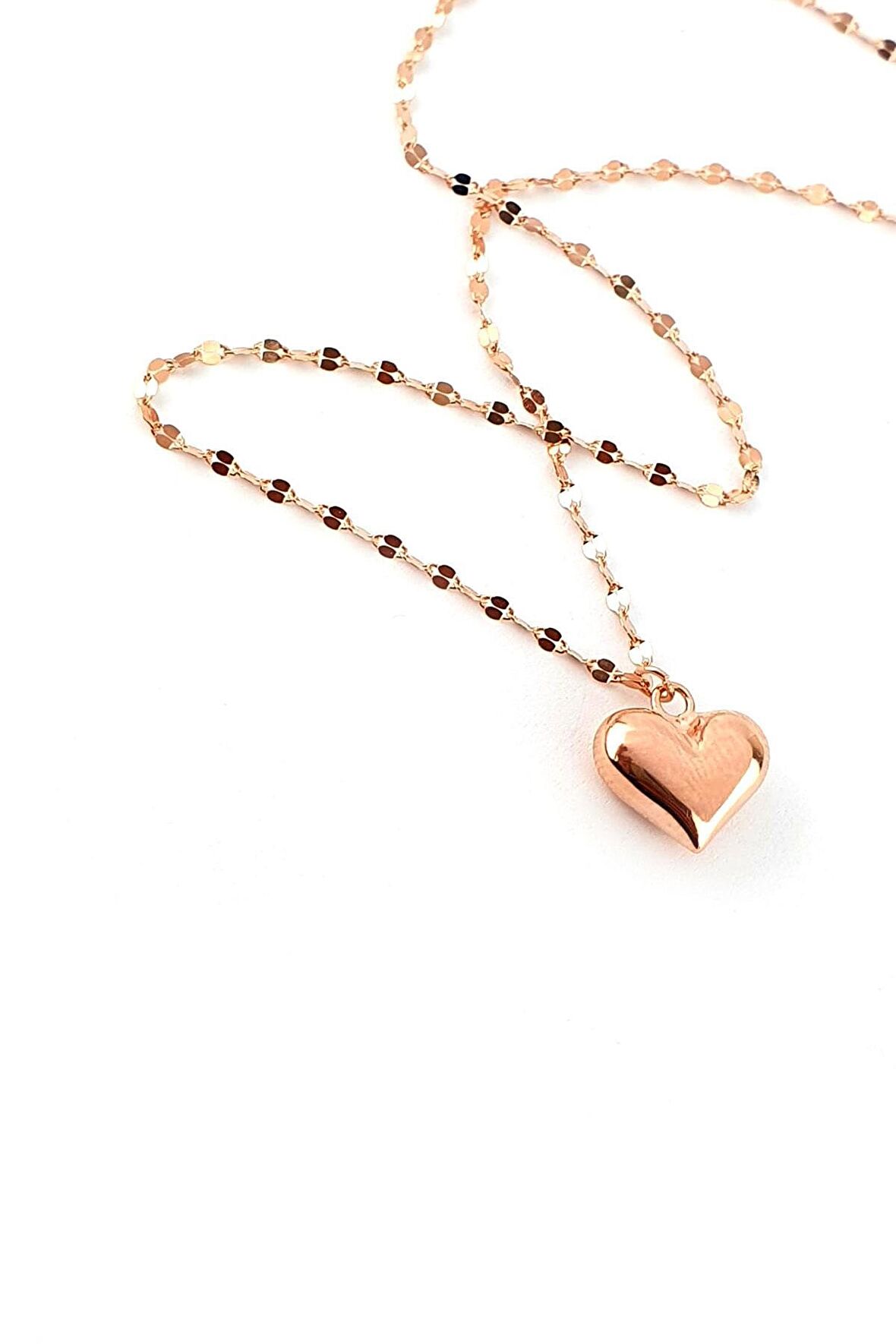 İtalyan 925ayar Gümüş Üzerine Rose Altın Kaplama Bombeli Kalp Kolye 