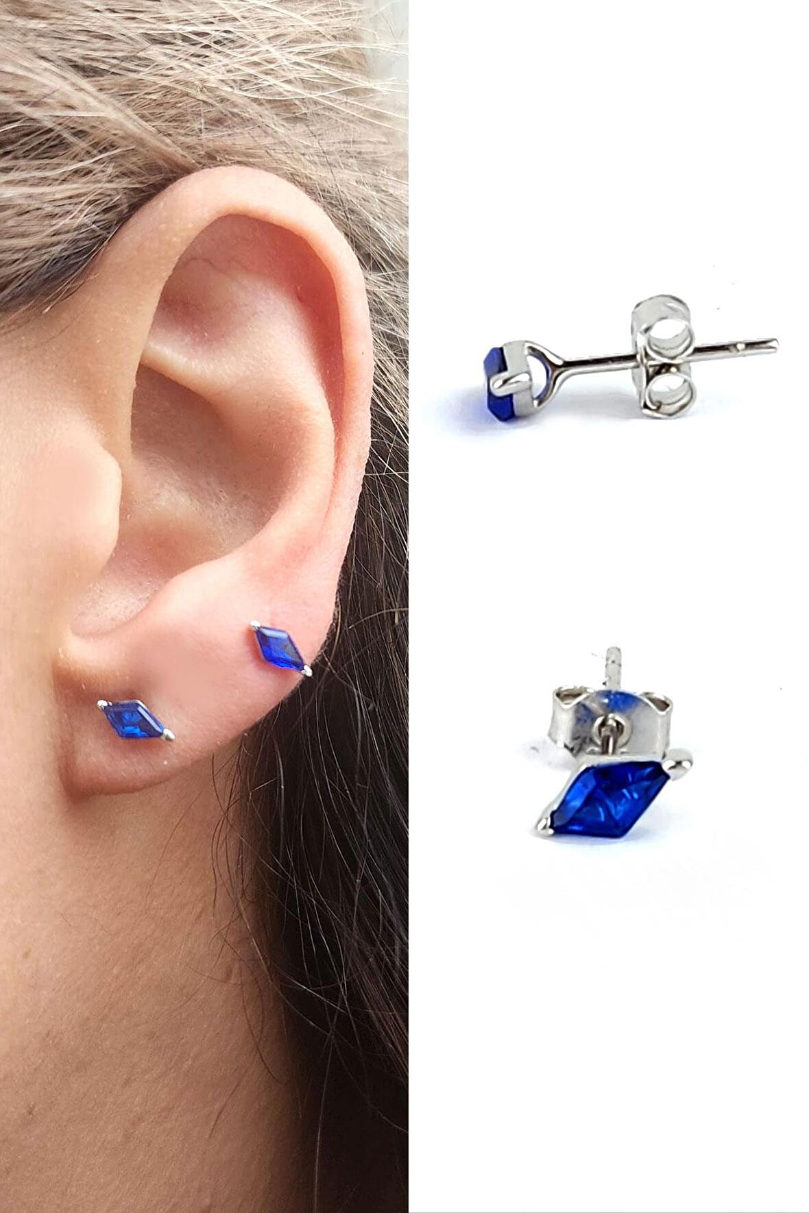 Lacivert Zirkon Taşlı 925 Ayar Gümüş Konik Küpe