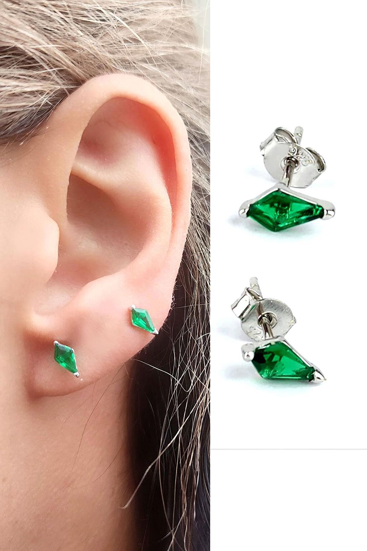 Yeşil Zirkon Taşlı 925 Ayar Gümüş Konik Küpe 