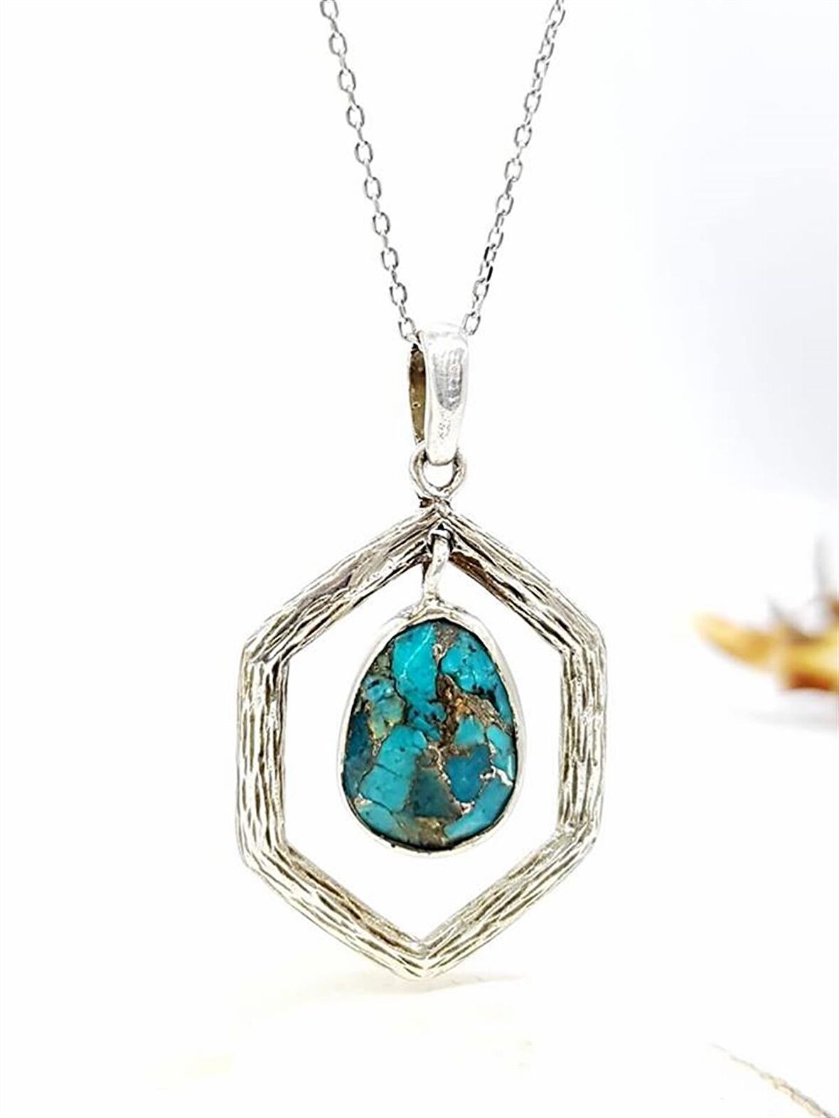 Doğal Turkuaz Taşlı 925 Ayar Gümüş Tasarım Kolye