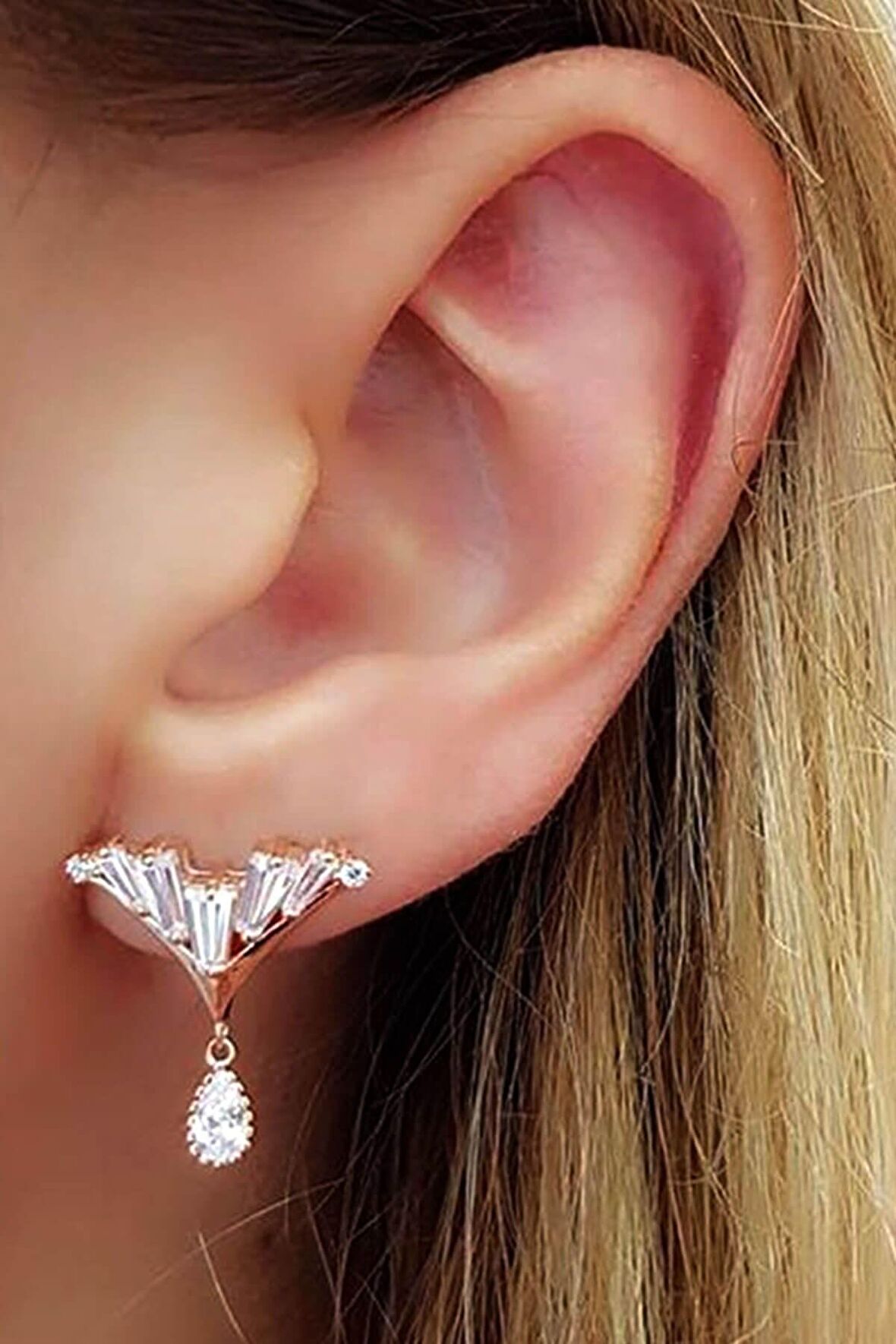 Baget Swarovski Taşlı 925 Ayar Gümüş Rose Küpe