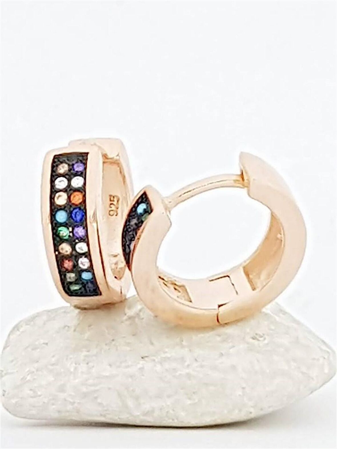 Renkli Taşlı İtalyan Gümüş Rose Halka Küpe