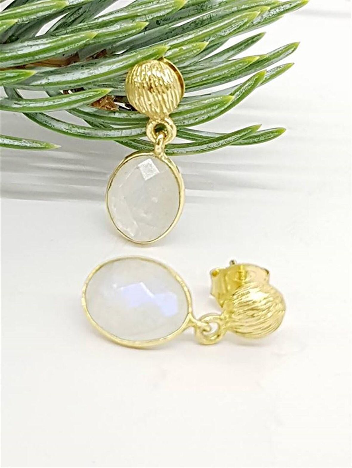 Doğal Ay Taşı Tasarım Gümüş Küpe