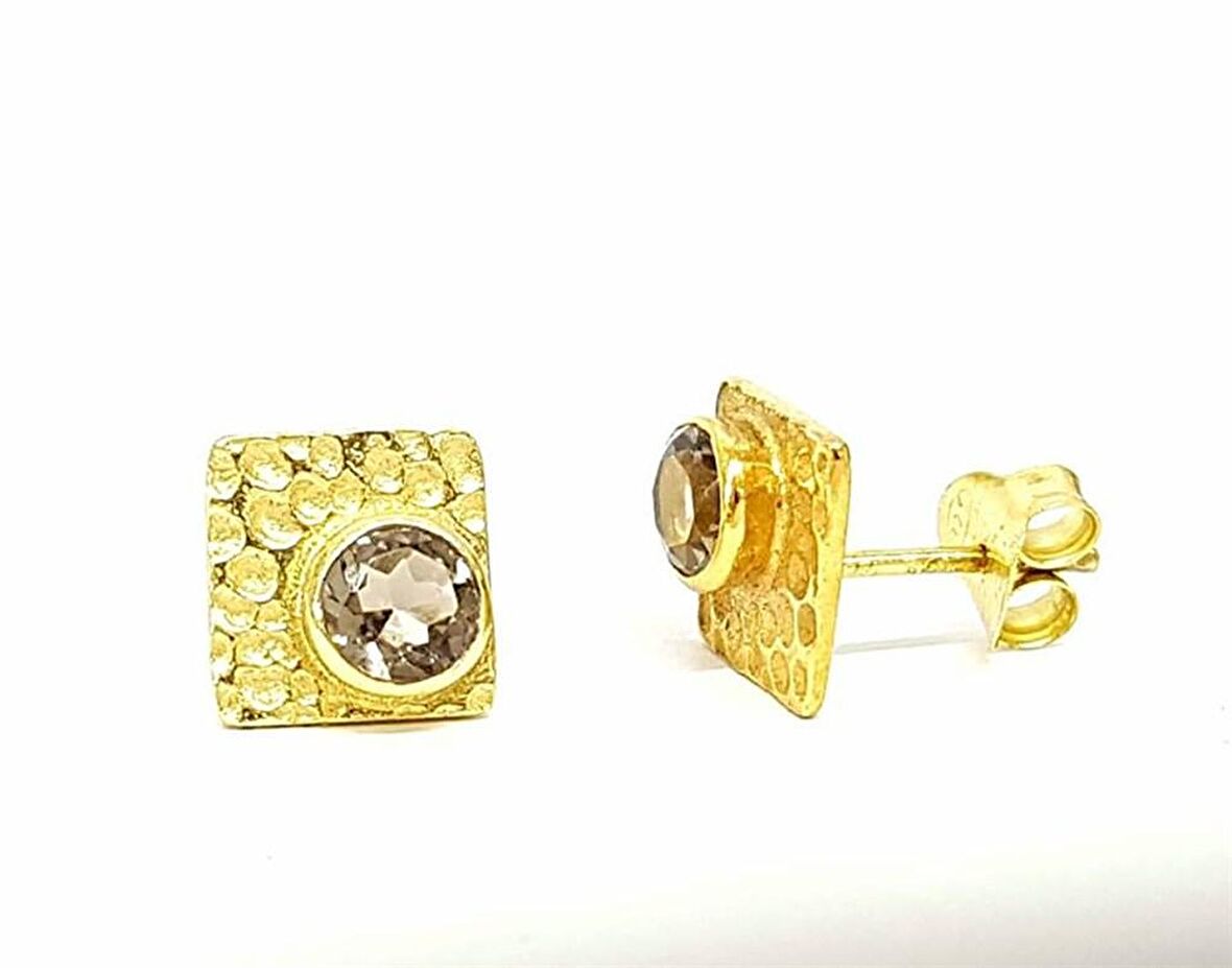 Dumanlı Kuvars Taşlı Gümüş Altın Kaplamalı Tasarım  Küpe