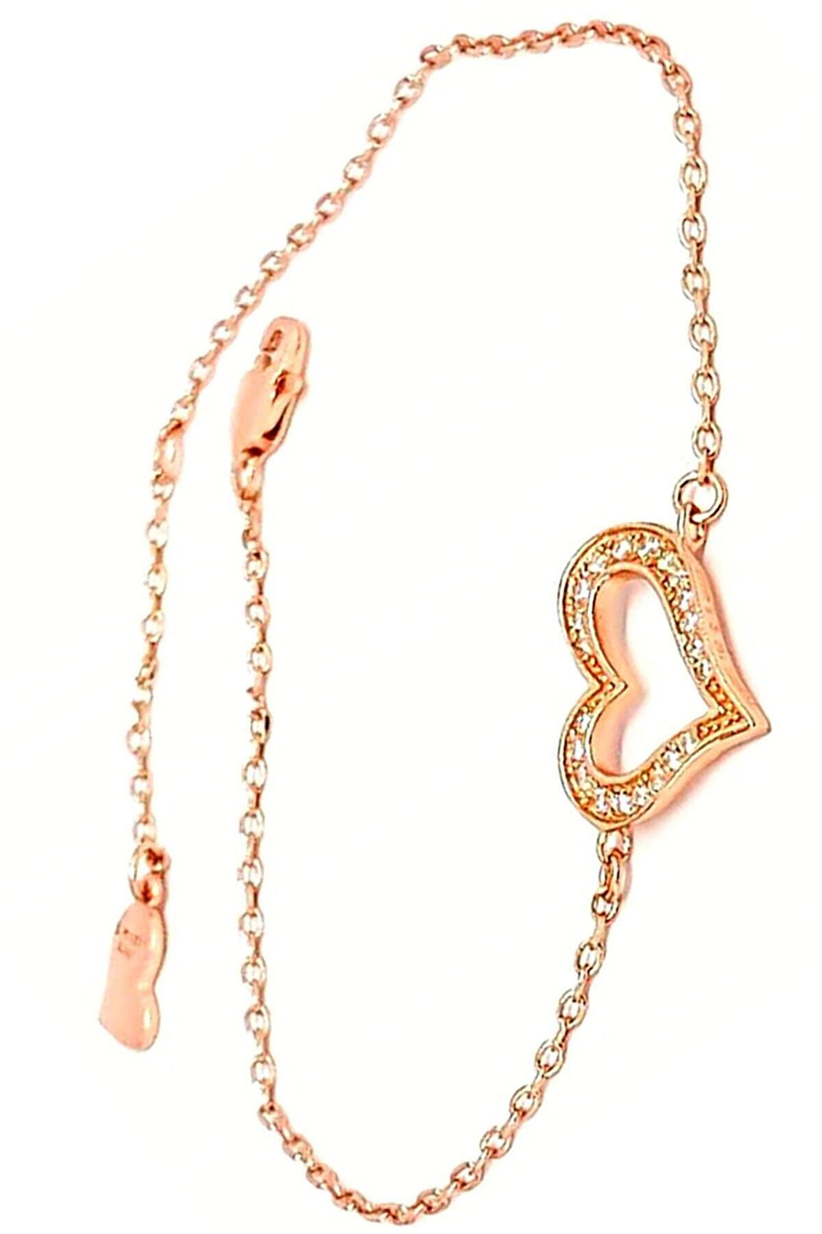 Kalp Figurlu Swarovski Tasli Gumus Rose Bileklik