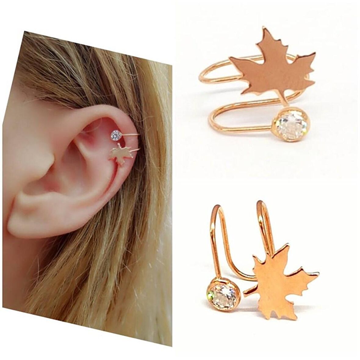 Çınar Figürlü Trend Gümüş Kıstırmalı Kıkırdak Küpesi