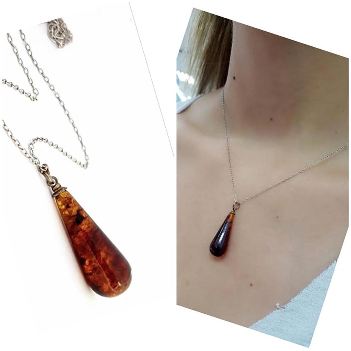 Kehribar Taşlı Gümüş Kolye