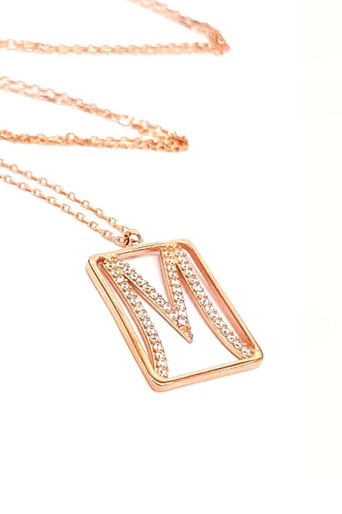 M Harfi Zirkon Taşlı Gümüş Rose Kolye