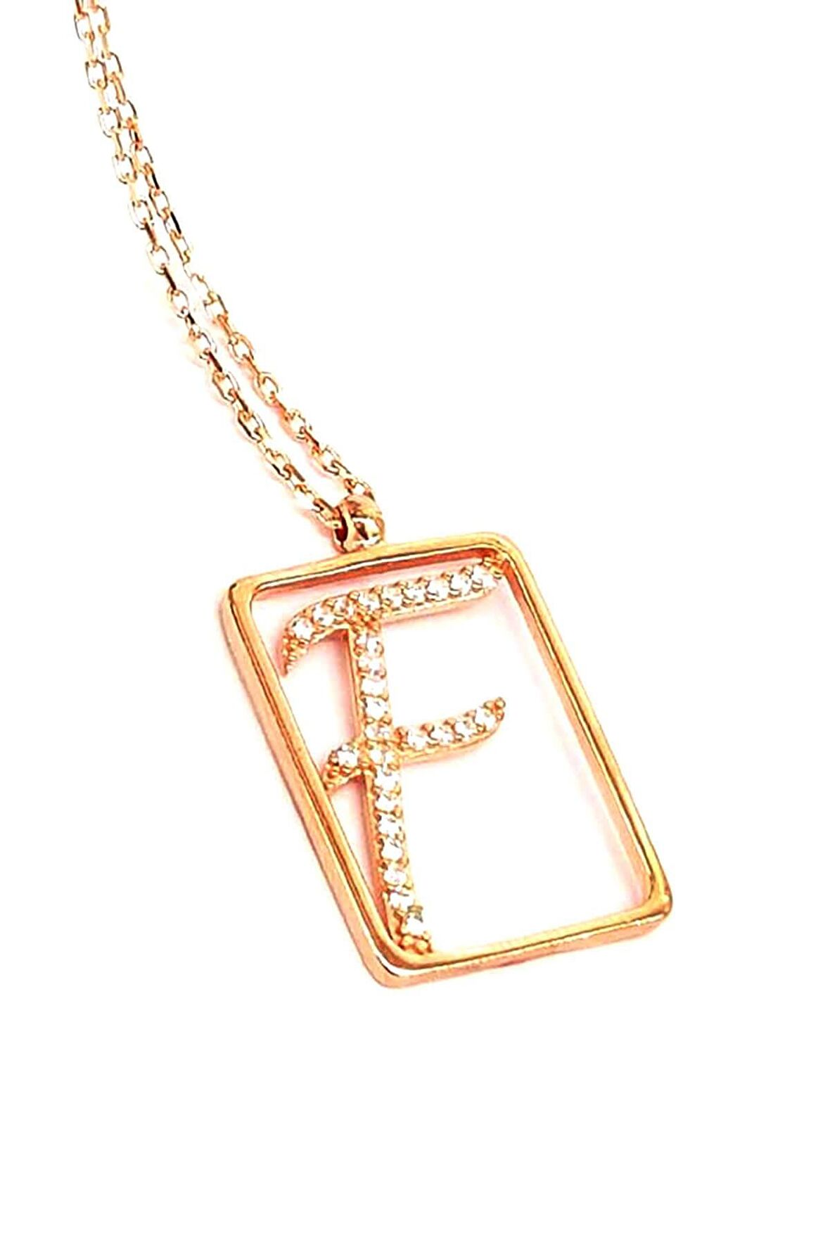 F Harfi Zirkon Taşlı Gümüş Rose Kolye