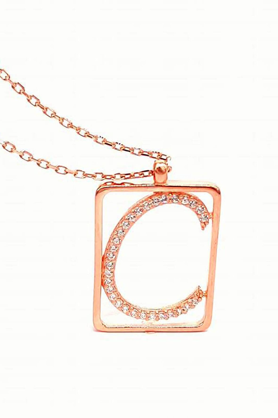 C Harfi Zirkon Taşlı Gümüş Rose Kolye