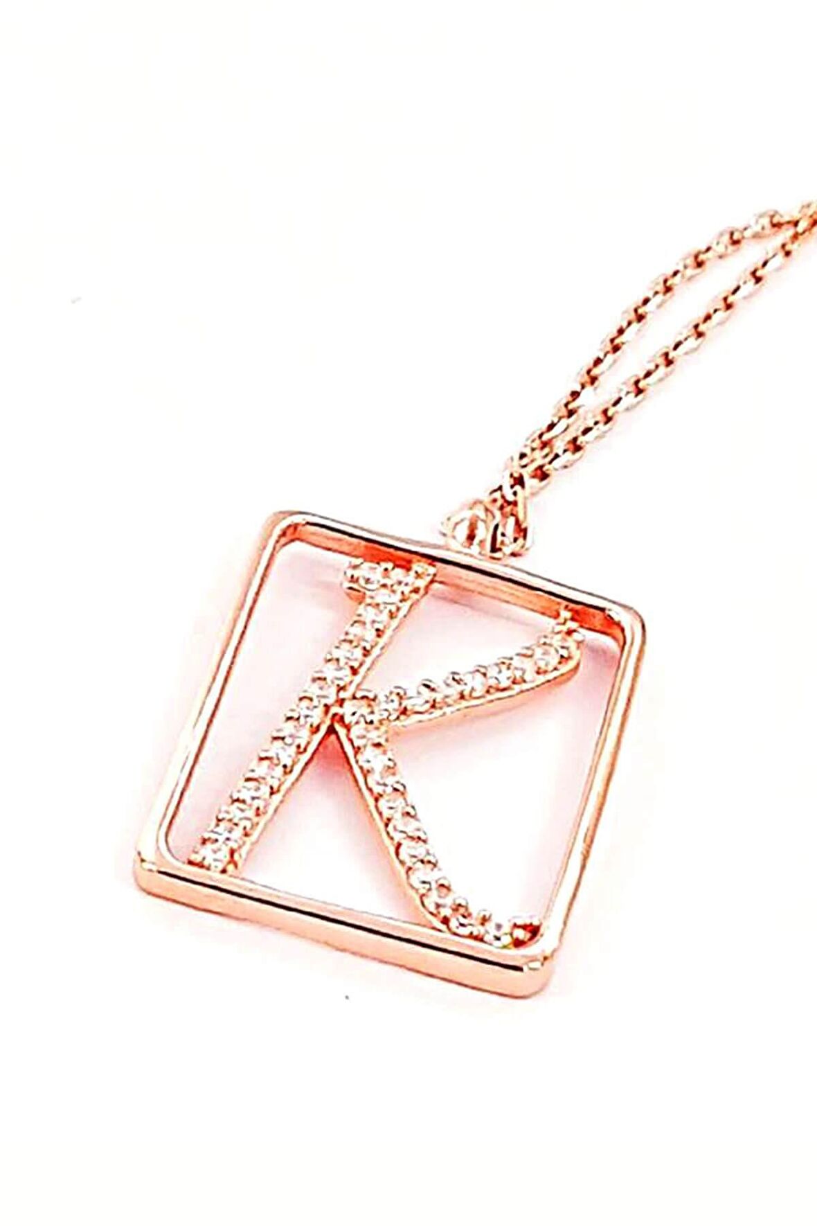 K Harfi Zirkon Taşlı Gümüş Rose Kolye