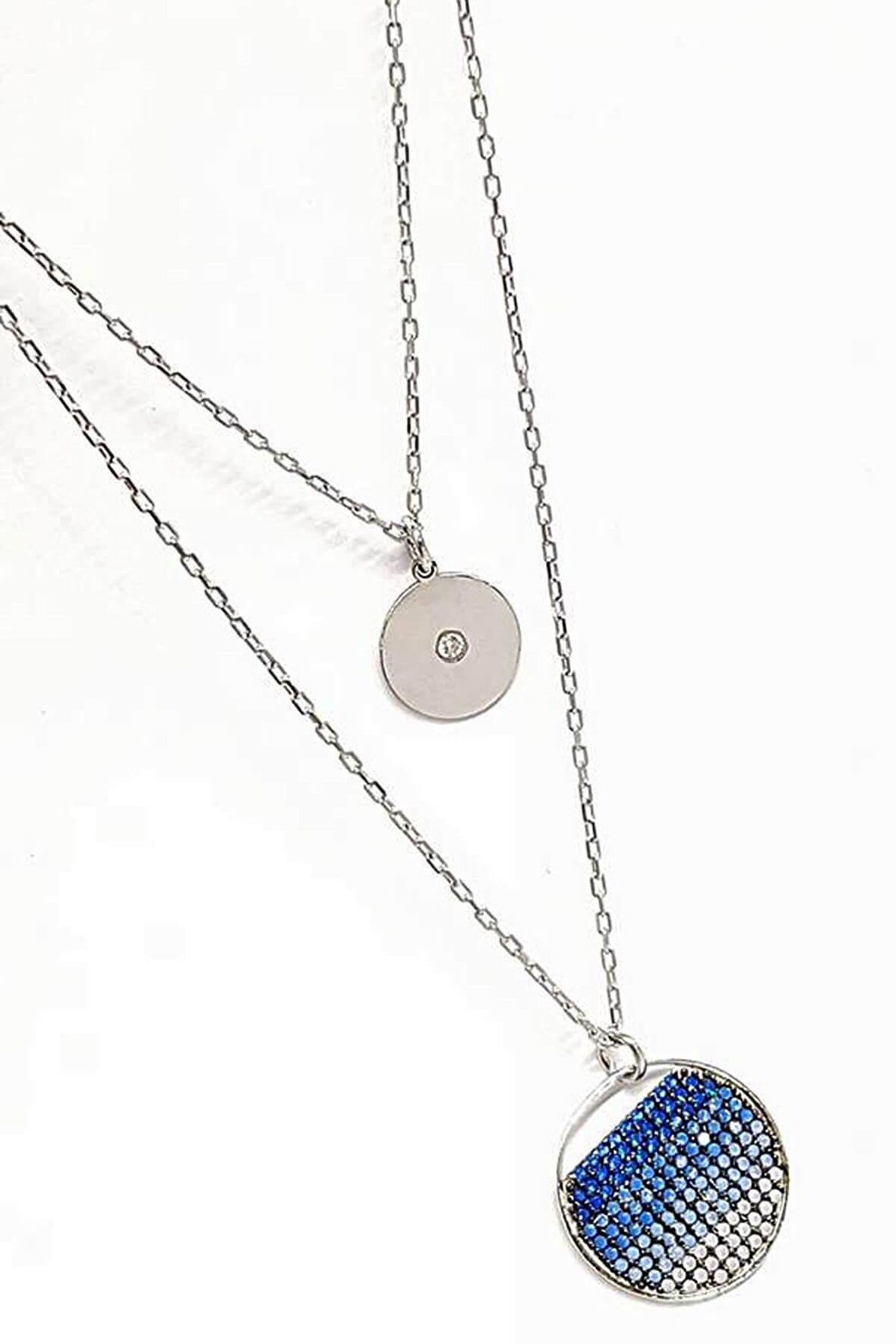 İtalyan Tasarımı Zirkon Taşlı Gümüş İkili Kolye 