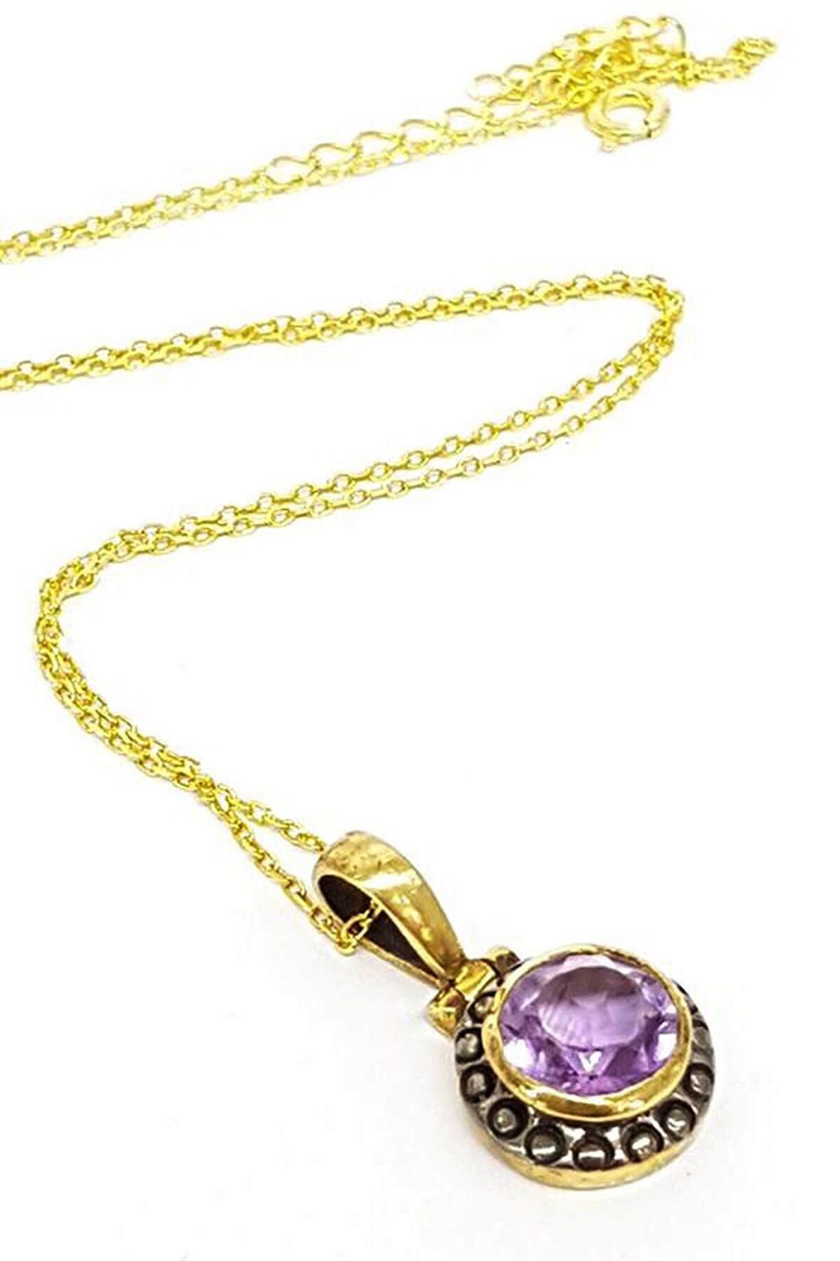 Ametist Taşlı Tasarım El İşçiliği 925 Gümüş Kolye 