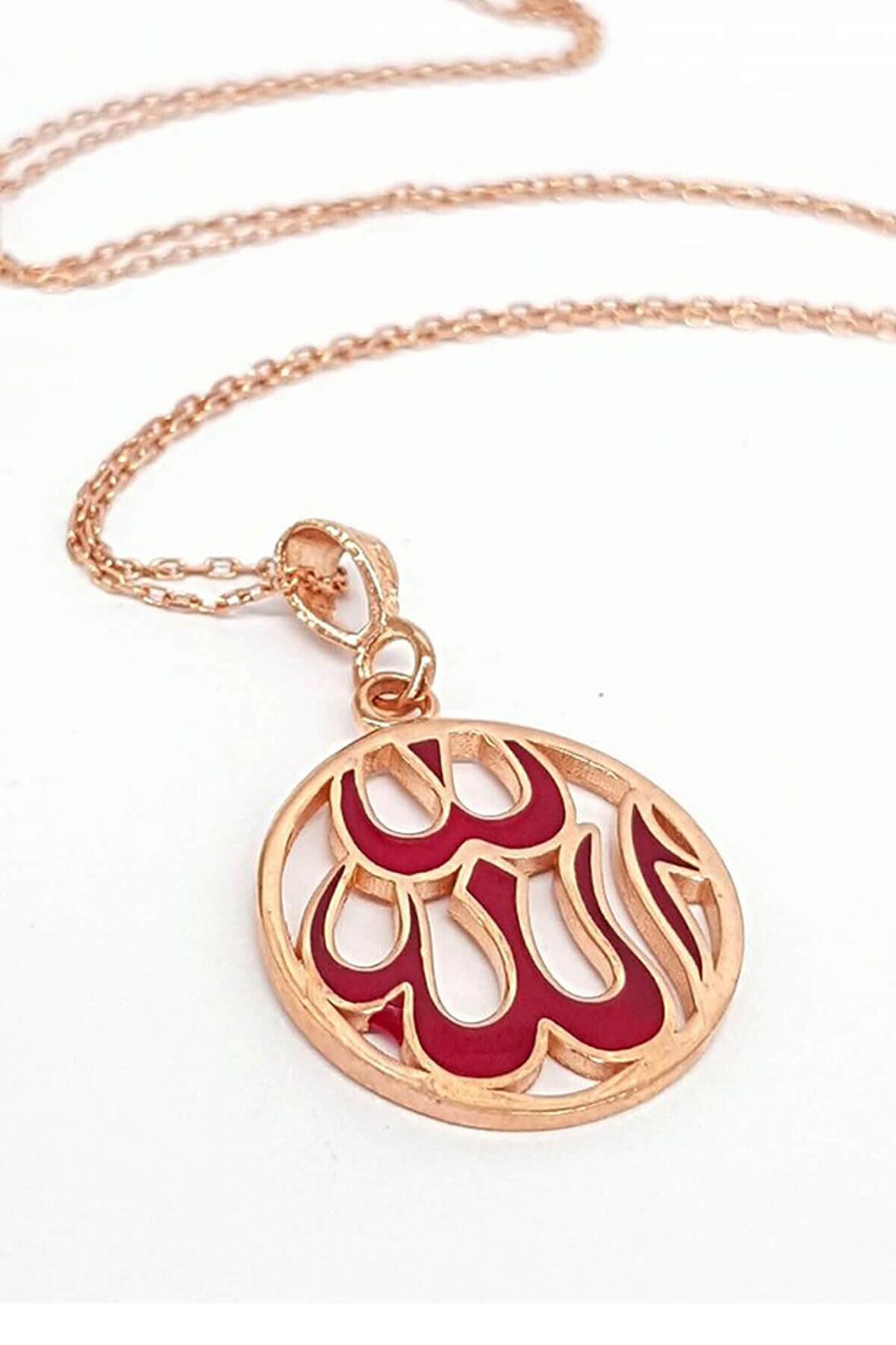 Allah Yazılı Mineli Kırmızı Rose Gümüş Kolye