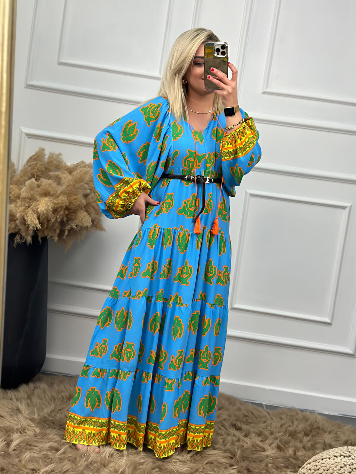 Mavi Püskül Detaylı Desenli Elbise MAVİ