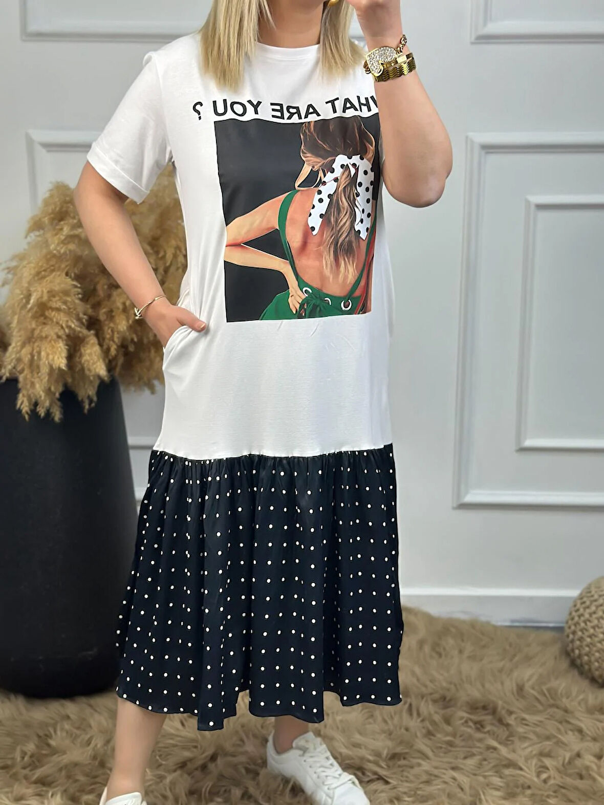 Kız Baskılı Eteği Puantiyeli Elbise BEYAZ