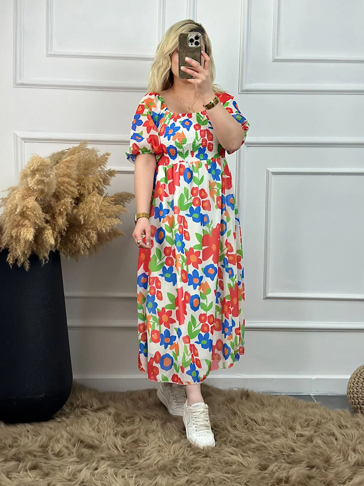 Çiçek  Desenli Gögüs Drapeli Astarlı Şifon Elbise TURUNCU