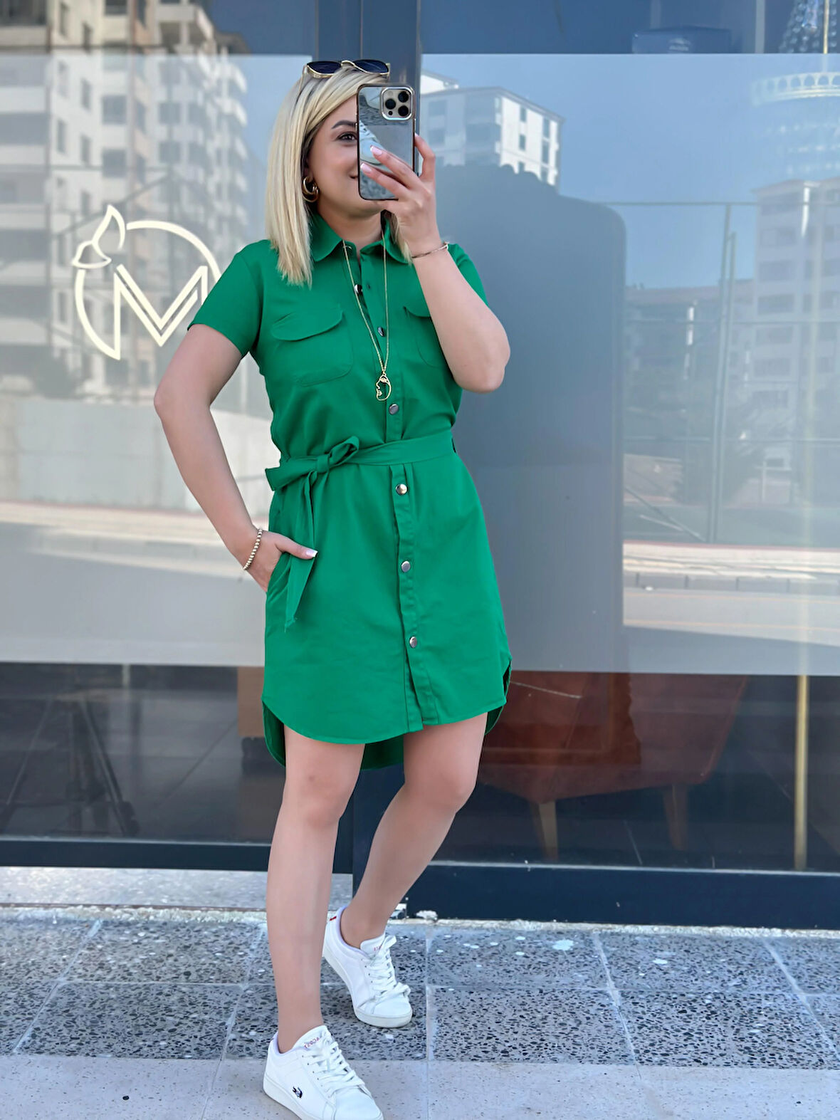 Cepli Kuşaklı Gabardin ELbise YEŞİL