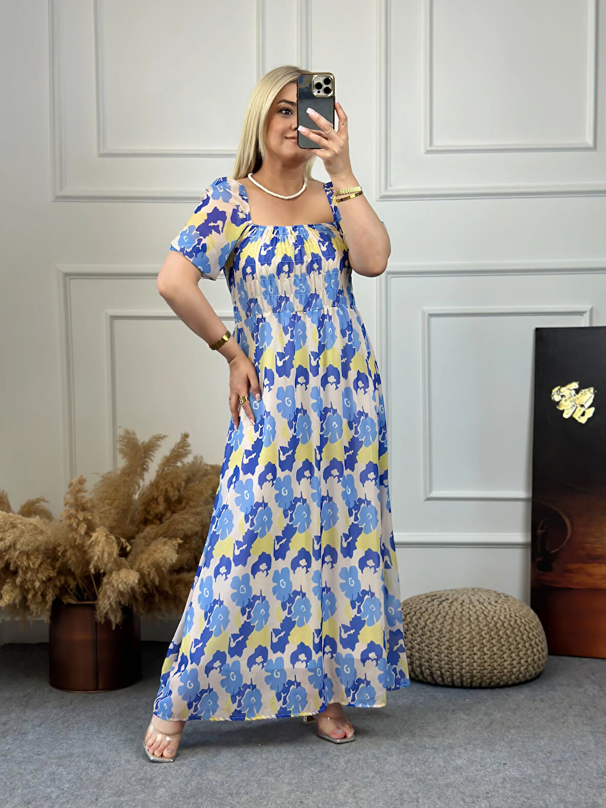 Karpuz  Kol Büzgülü Şifon Elbise MAVİ