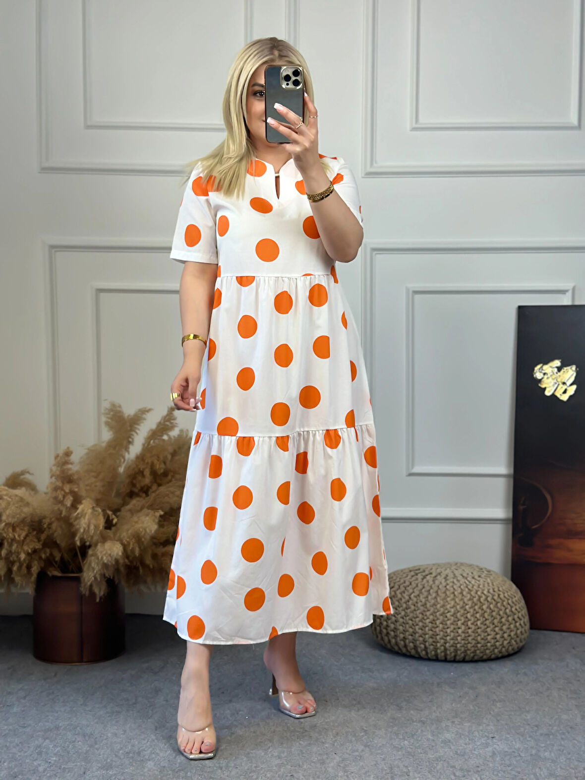 Puantiyeli Beyaz Elbise TURUNCU