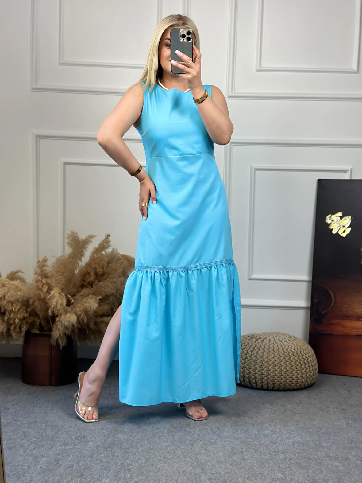 Kalın Askılı Eteği Büzgülü Yırtmaçlı Elbise BEBE MAVİ