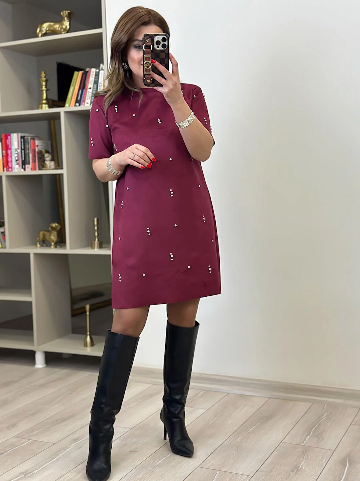 Nubuk Taş İşlemeli Elbise MÜRDÜM