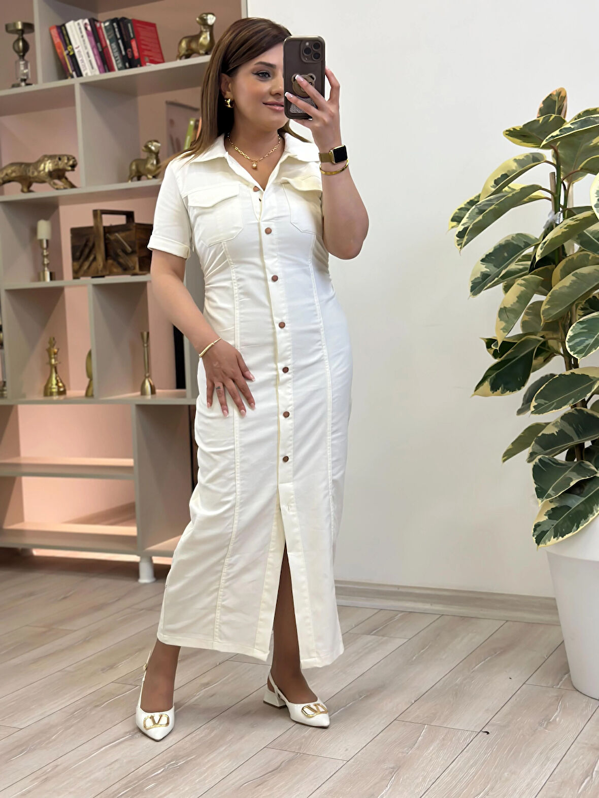 Yandan Büzgülü Uzun Denim Elbise EKRU