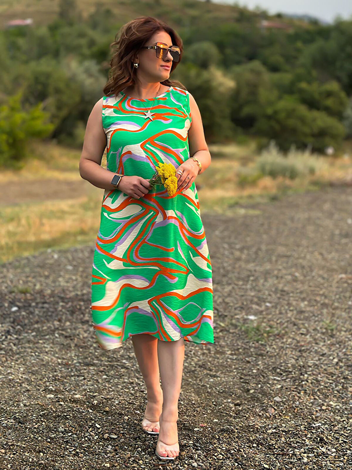 Desenli Keten Elbise YEŞİL