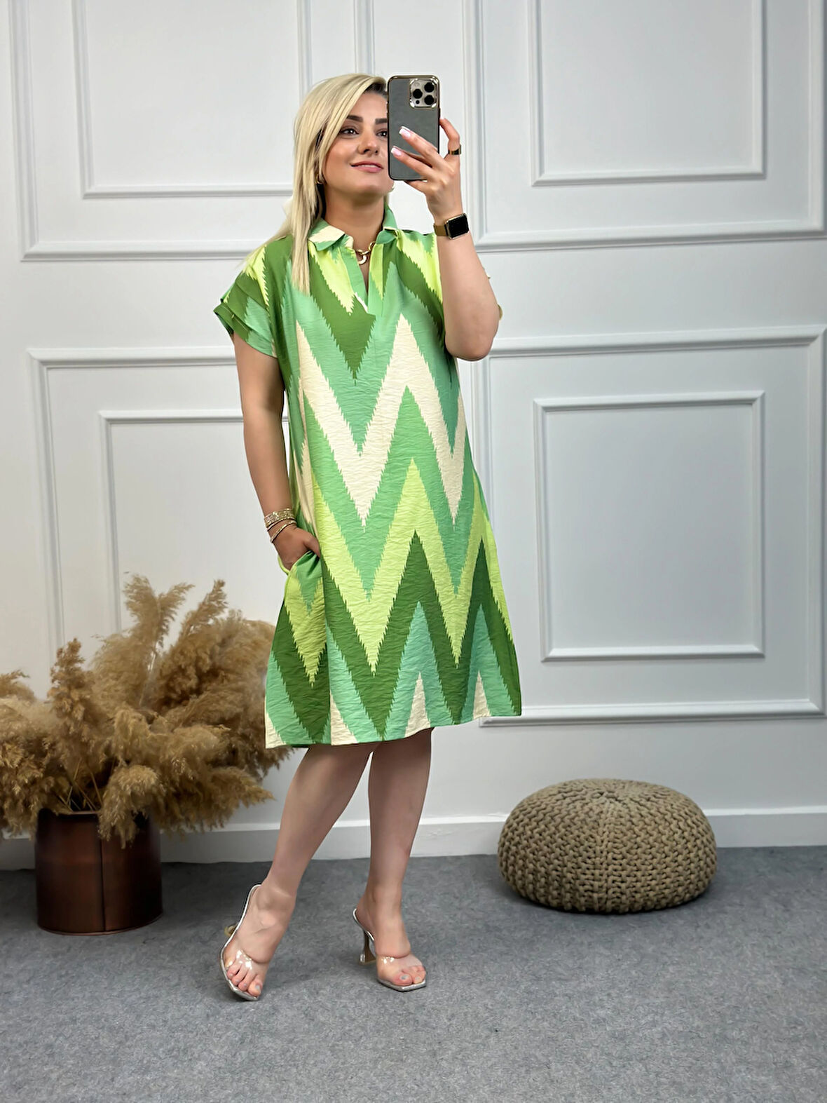 Gömlek Yaka Desenli Aerobin Keten Elbise YEŞİL