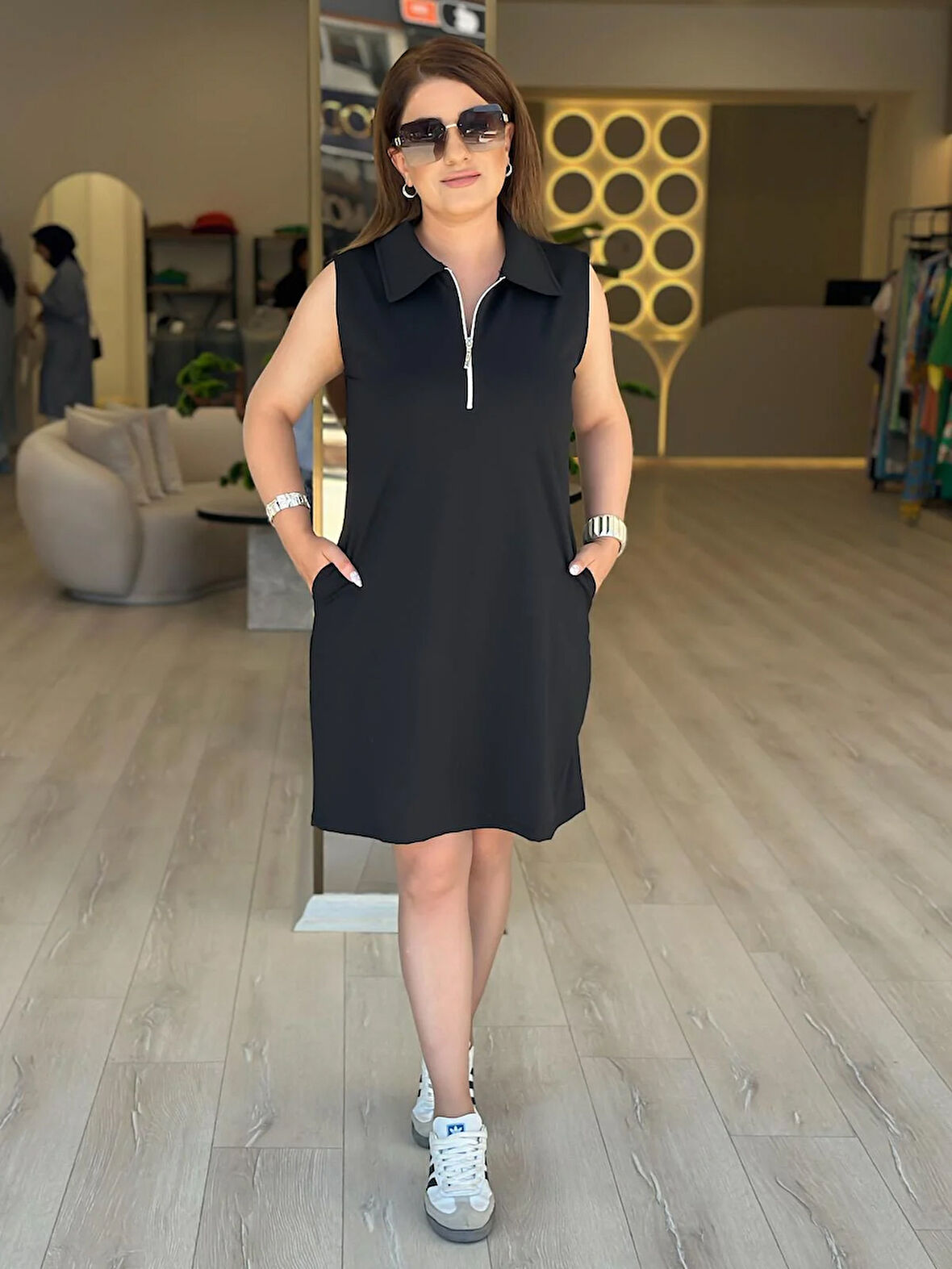 Gömlek Yaka Önü Fermuarlı Sandy Elbise SİYAH