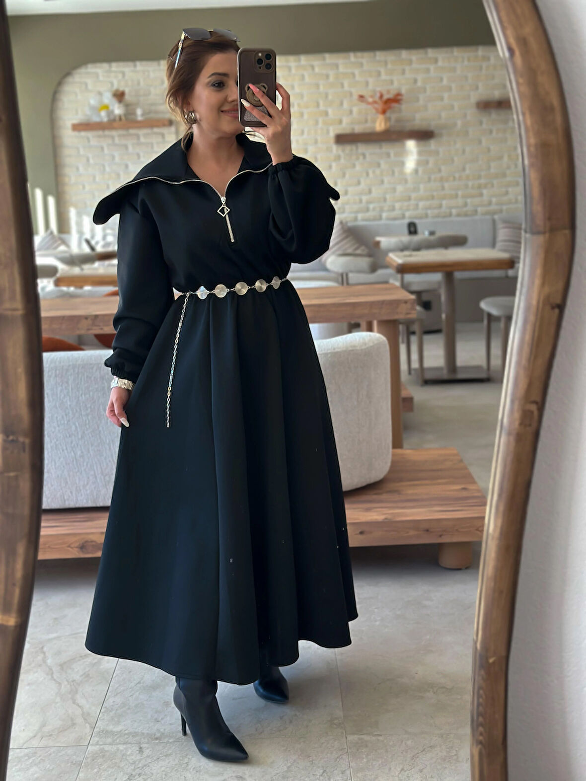 Geniş Yaka Fermuarlı Beli Lastikli Kemerli Scuba Elbise SİYAH