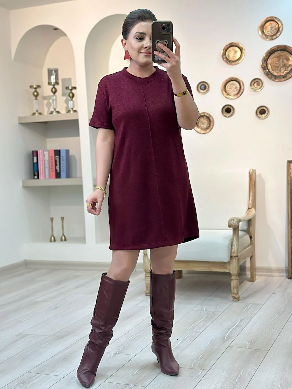 Simli Triko Elbise BORDO