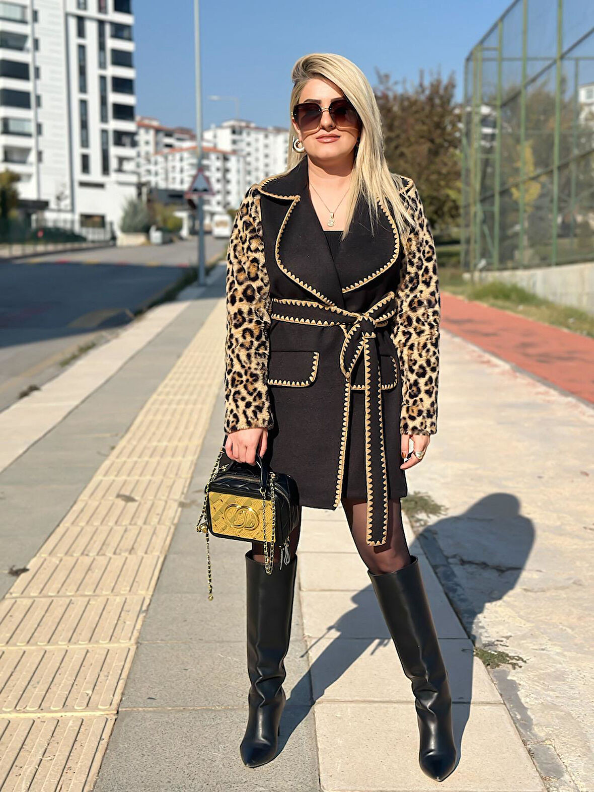 Çoban Dikişli Leopar Kaşe Kaban SİYAH