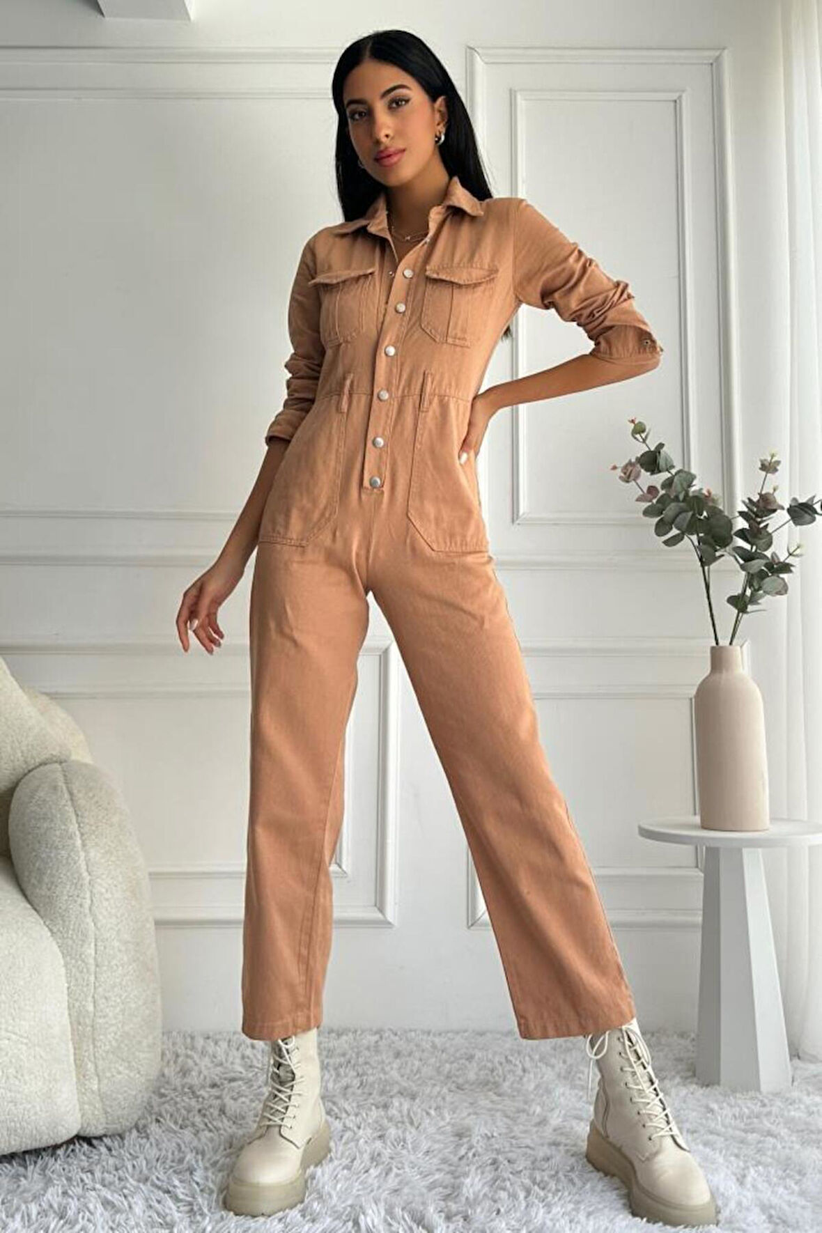 Kadın Çıt Çıt Düğmeli Uzun Kollu Denim Kiremit Tulum