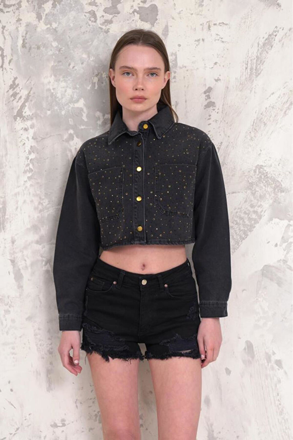 Kadın Taşlı Crop Denim Ceket