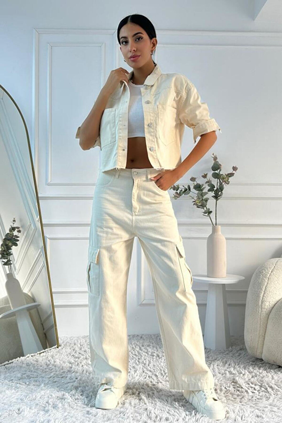 Kadın Yüksek Bel Wide Leg Bej Kargo Jean Pantolon