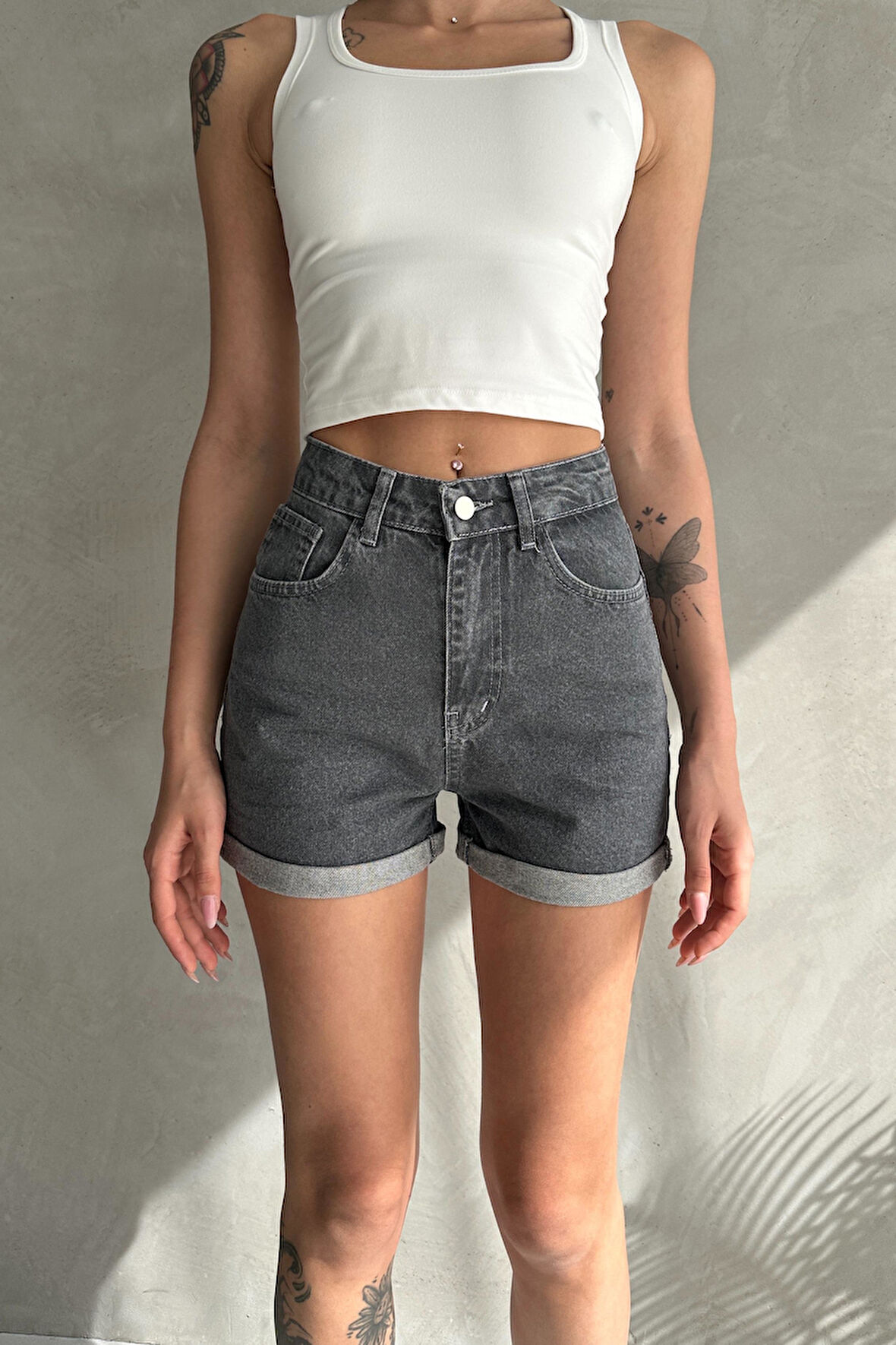 Duble Paça Kısa Düz Denim Şort