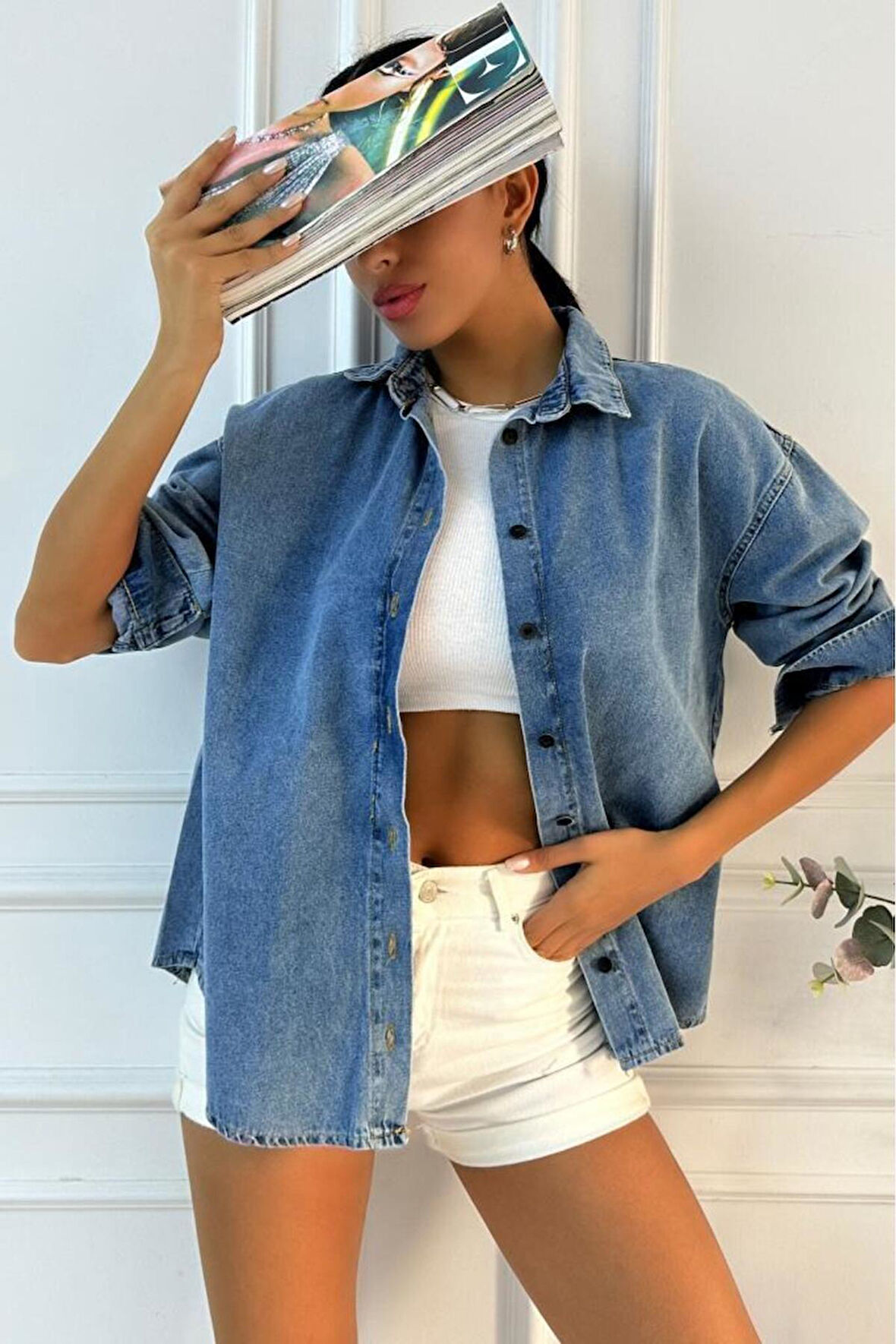 Kadın Oversize Mavi Denim Gömlek