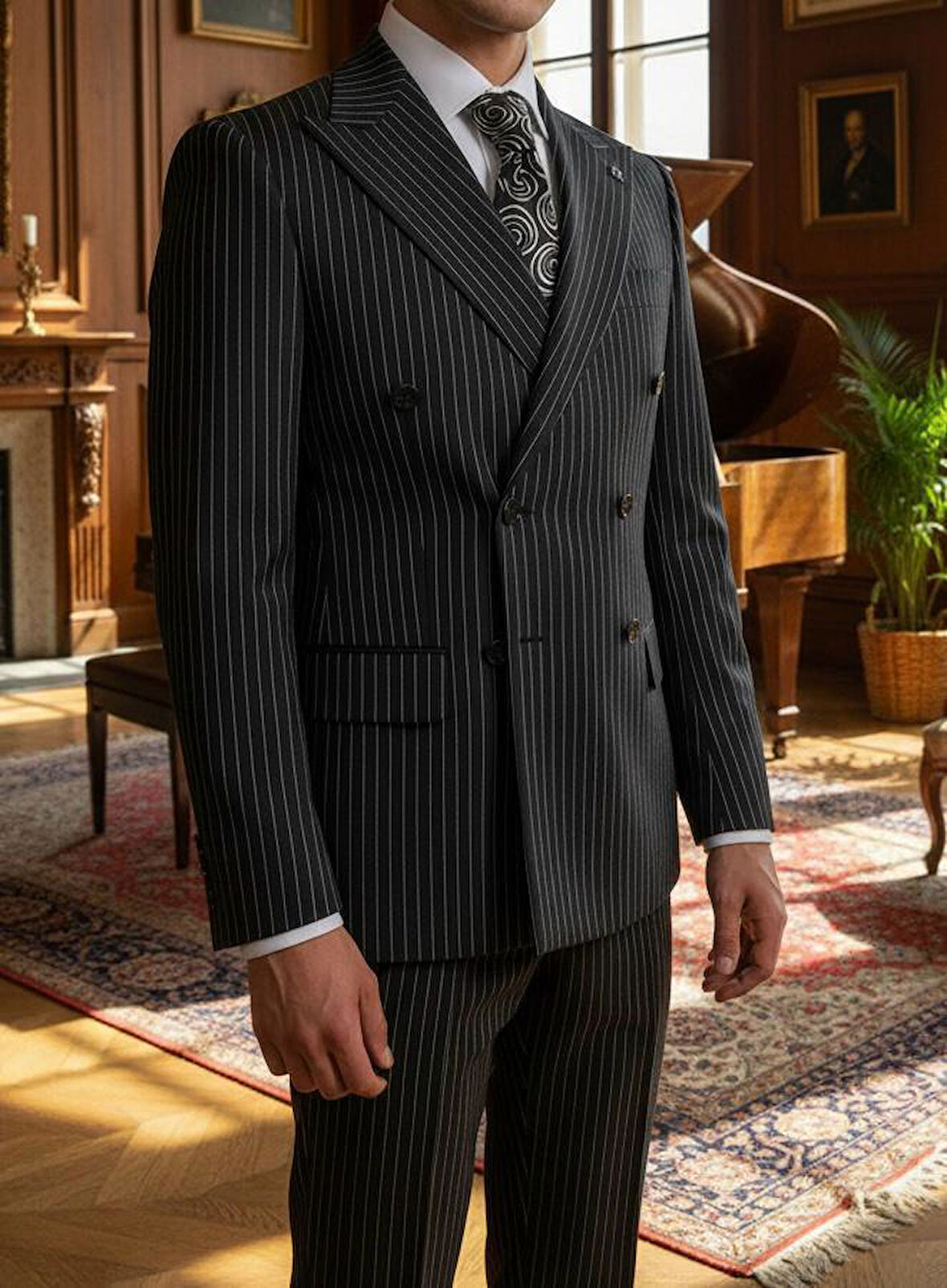 Modern Fit Kruvaze Çizgili Takım Elbise