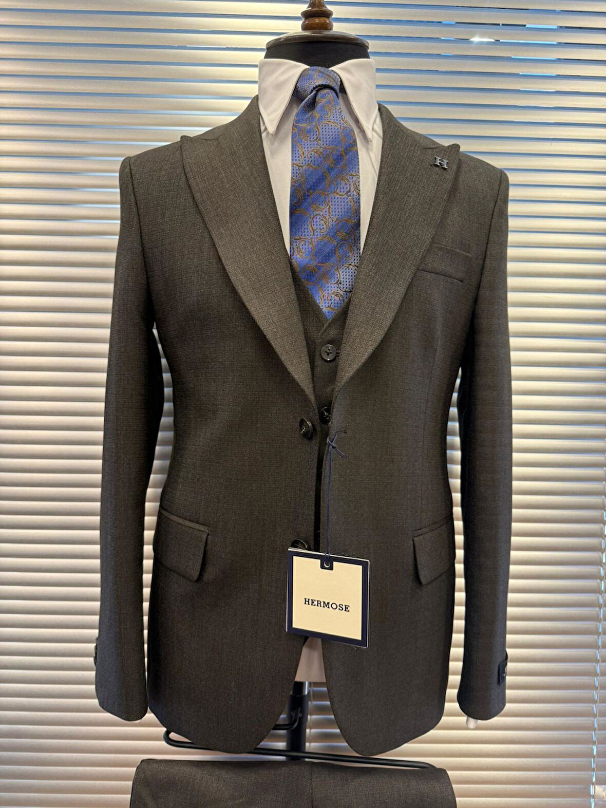 Koyu Kahverengi Modern Fit Yelekli Erkek Takım Elbise