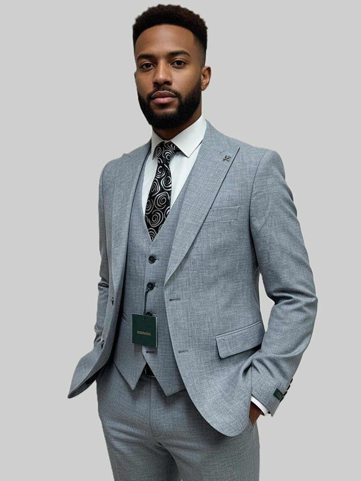 Hermose Gri Keten Dokulu Yelekli Takım Elbise – Modern Fit