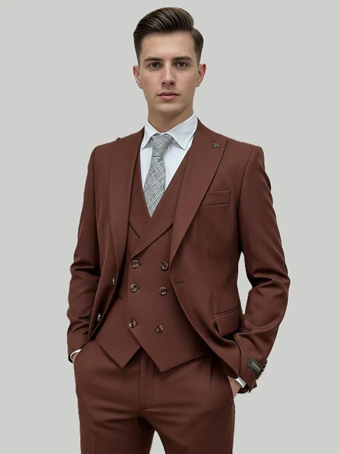 Hermose Kiremit Rengi Şal Yaka Yelekli Takım Elbise