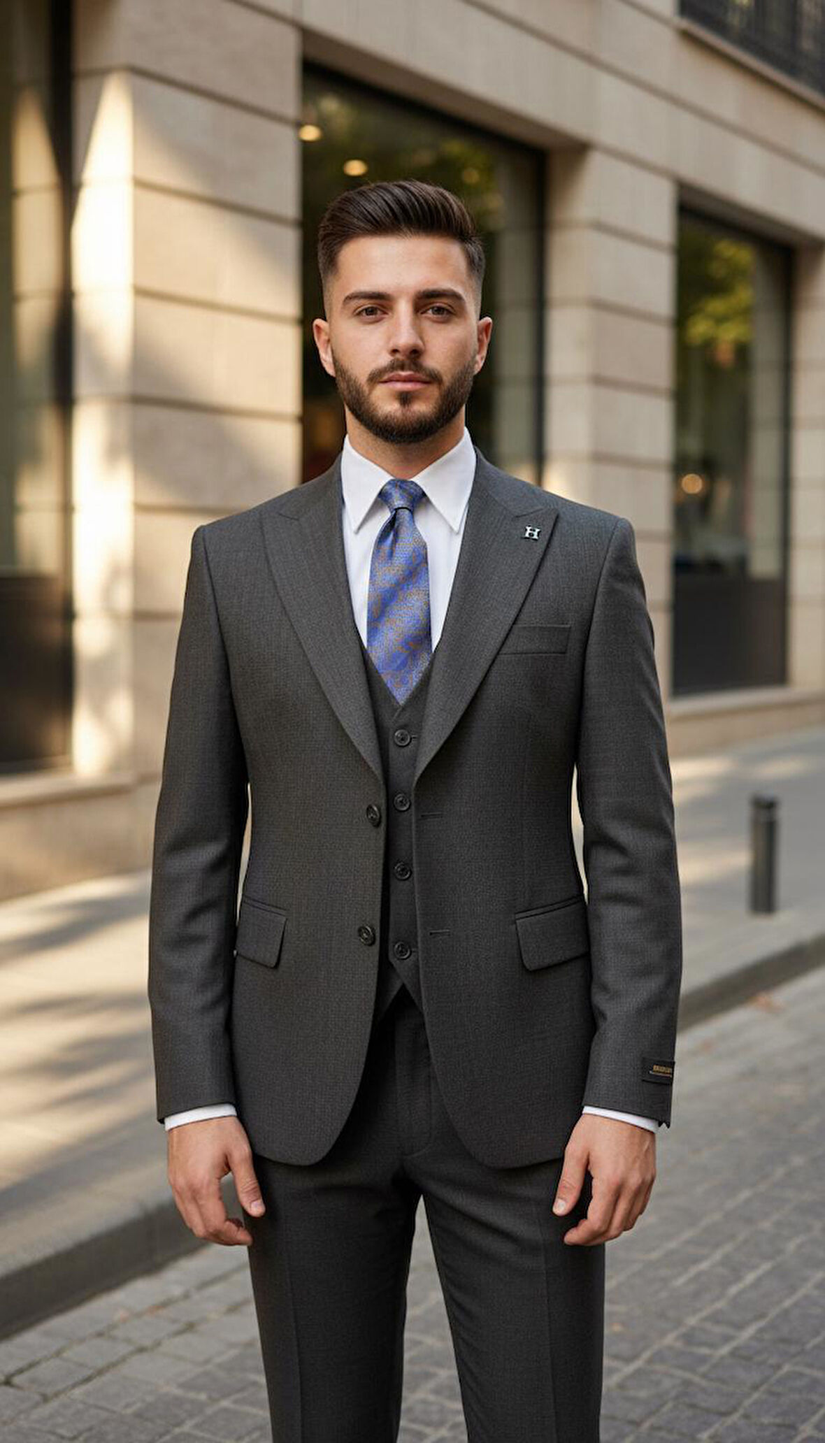 Koyu Kahverengi Modern Fit Yelekli Erkek Takım Elbise