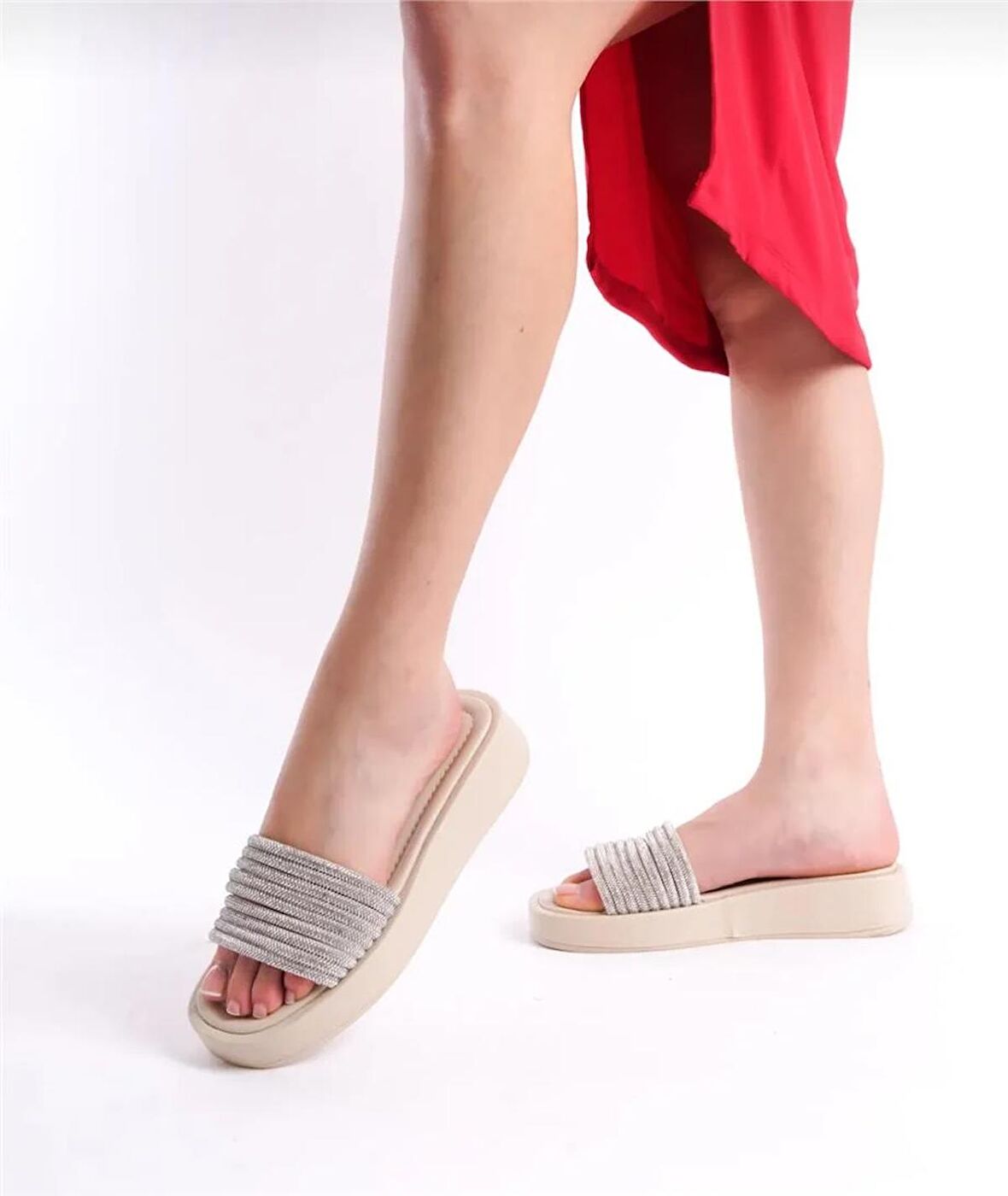 Kadın Taş Detaylı Şeritli Terlik-Bej