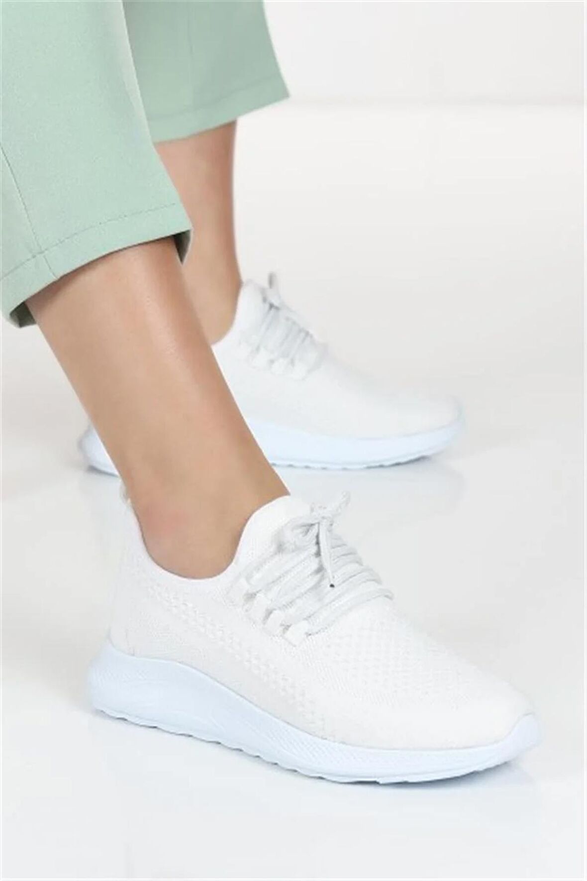 Kadın Bağcıkl Triko Spor Sneaker Ayakkabı-Beyaz